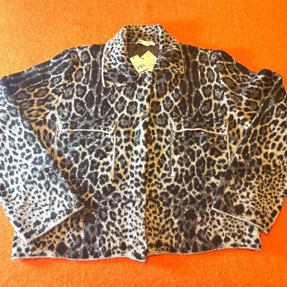 Zara gray leopard animal print jacquard knit cardigan NWT - Picture 3 of 11
